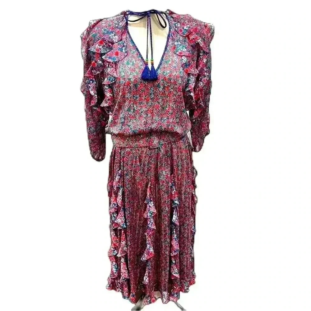 Diane Freis Original Vintage Ruffled Ditzy Floral Tassel tie shoulder pads 80’s